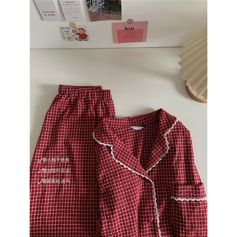 Dễ Thương Bộ Đồ Ngủ Tay Dài Dáng Rộng Họa Tiết Sọc Caro Phong Cách Nhật Hàn Thời Trang Thu Đông Cho Nữ