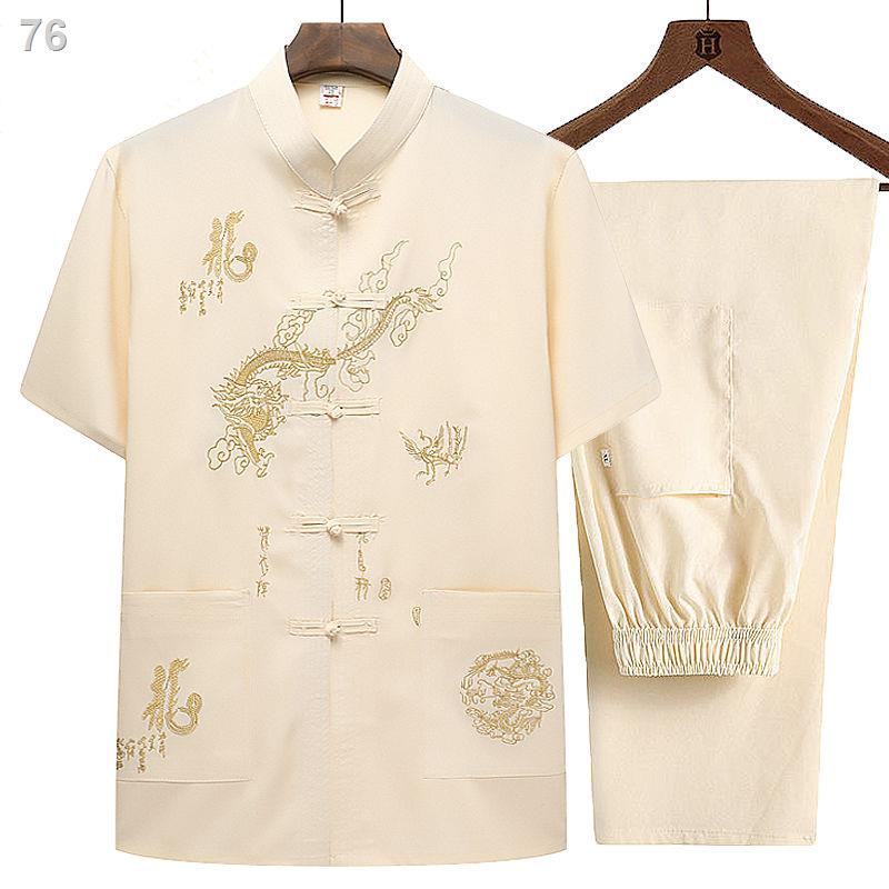 mùa hè nam ngắn tay Tang suit nam trung niên và cao tuổi Suit mỏng có bố cổ đứng phong cách Trung Quốc ông nội Hanfu áo