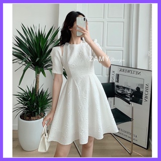 Đầm thiết kế. đầm dáng xòe chiết eo chất vân 3d phối vai điệu đà