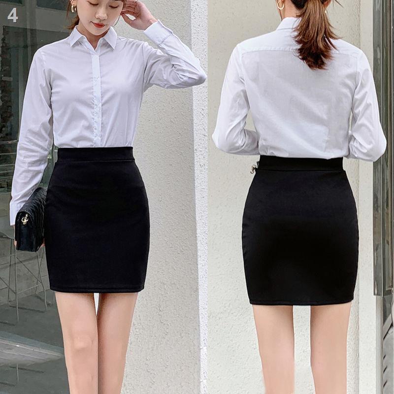 ♚Váy suit cỡ lớn, váy chuyên nghiệp nữ, váy ngắn, váy khoét hông , Chân váy dài nửa màu đen + Bộ áo sơ mi bảo hộ lao độn