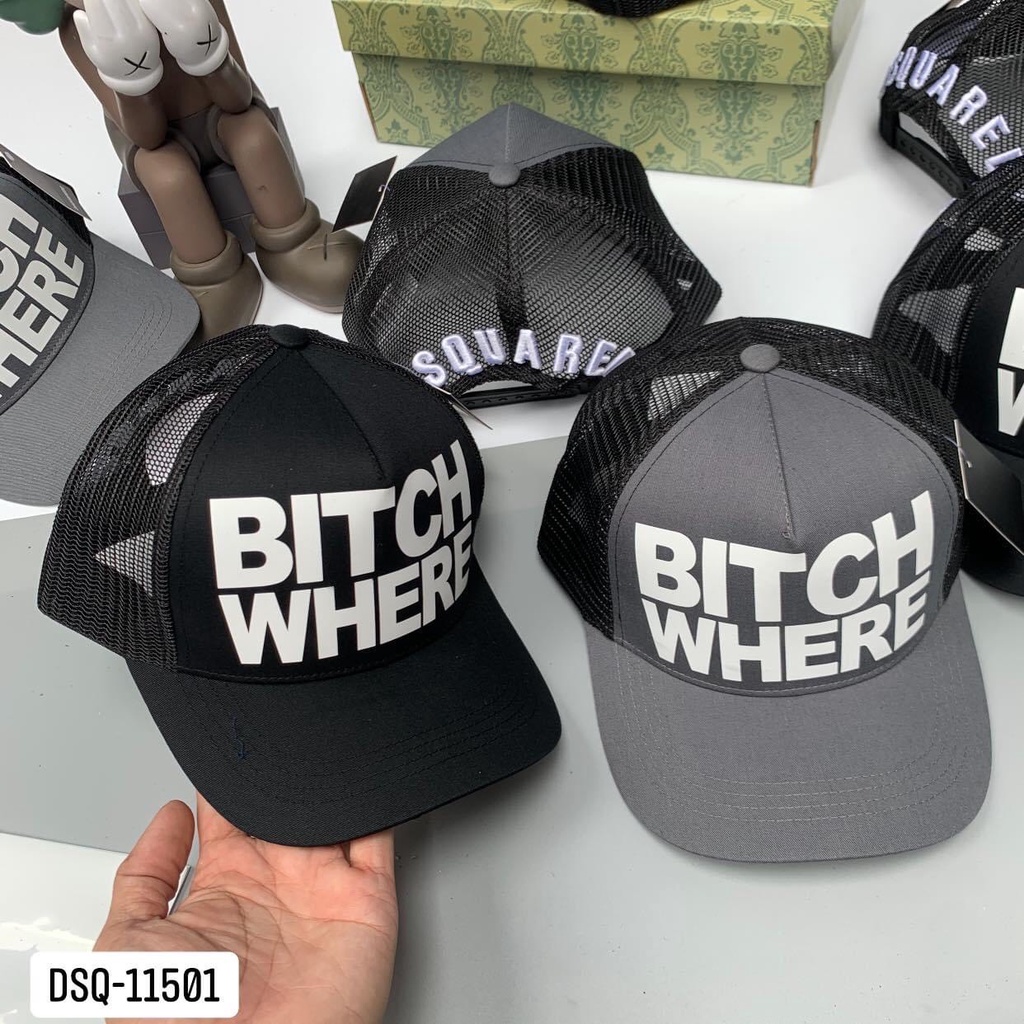Mũ Bitch Where Chữ Trắng Gáy Lưới Thêu Chữ DSQ ⚡ [𝑨̉𝒏𝒉 𝑻𝒉𝒂̣̂𝒕-𝑽𝒊𝒅𝒆𝒐 𝑻𝒉𝒂̣̂𝒕] - Mũ Lưỡi Trai Bitch Where Phối Lưới Nam Nữ