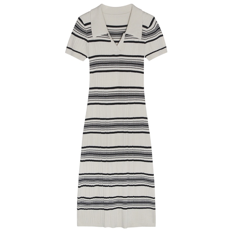 Đầm Thun polo Ngắn Tay Họa Tiết Sọc Ngang Thời Trang Dành Cho Nữ
