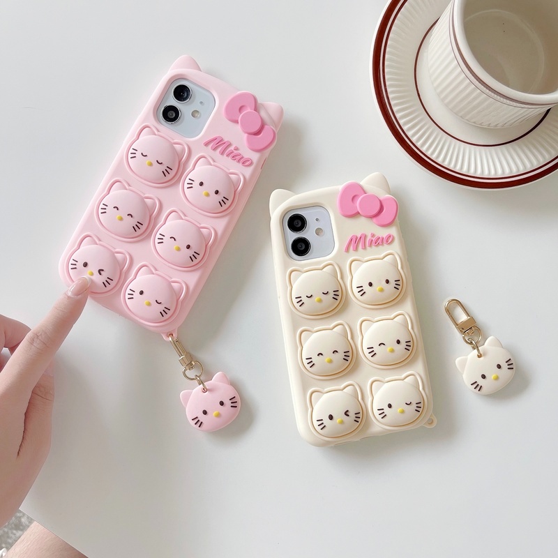 Relieve Stress Pop Fidget Toys Phone Case for iphone 11 12 Pro MAX X XS XR 6 S 7 8 Plus SE 2020 Bow Cat Push Bubble Soft Silicone Cover With Cartoon Cat Pendant