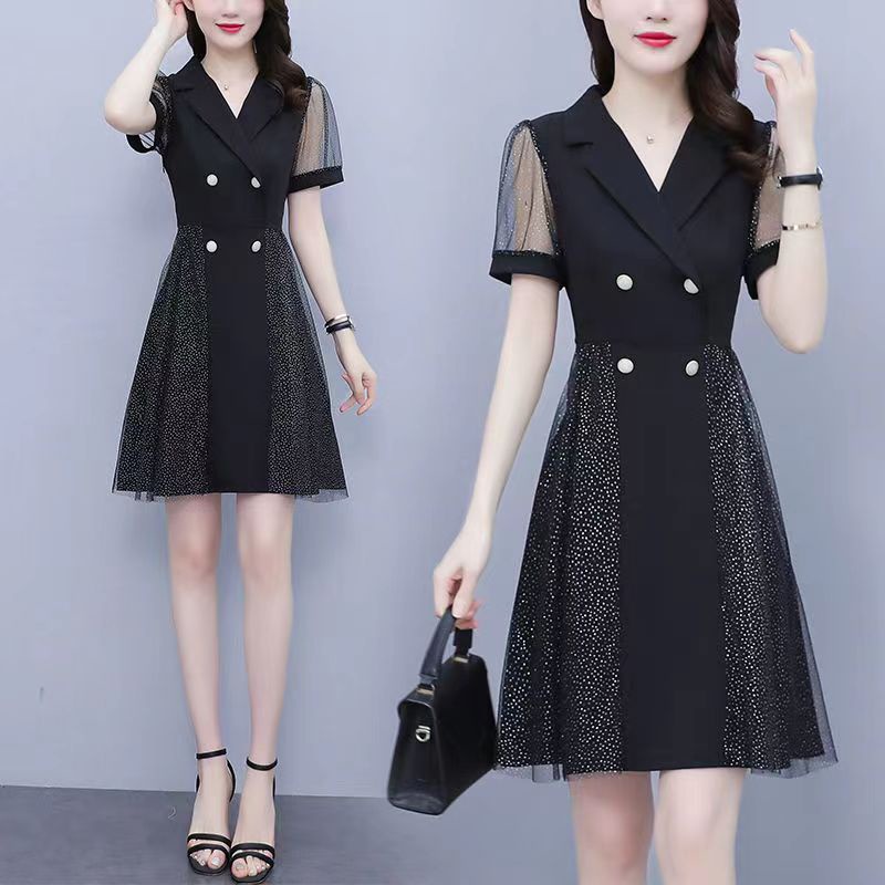 Đầm Tay Ngắn Cổ Chữ V Phối Lưới Thời Trang Mùa Hè Thanh Lịch Cho Nữ