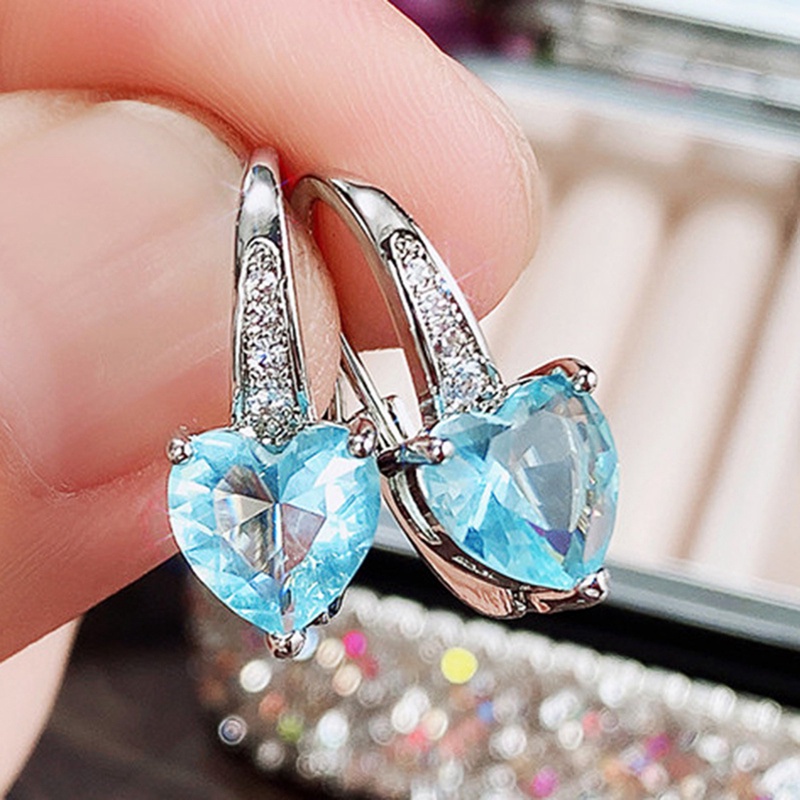 Khuyên Tai Hình Trái Tim Đính Đá Zircon Xanh Lam Phong Cách Thanh Lịch Thời Trang Cho Nữ
