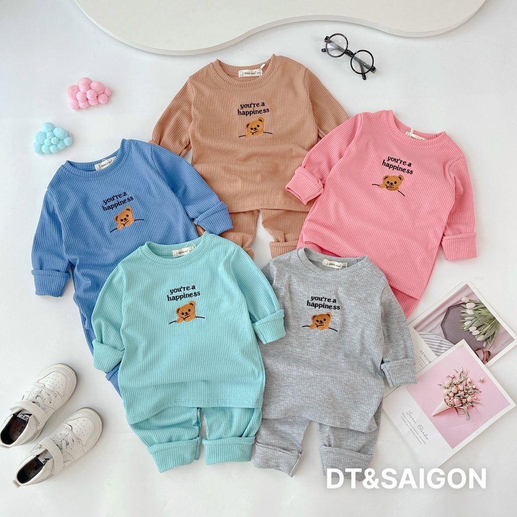 Đồ Bộ Cho Bé Mặc Nhà thun tăm thu đông dài tay thêu gấu cho bé trai, bé gái nhiều size Caibaby_store