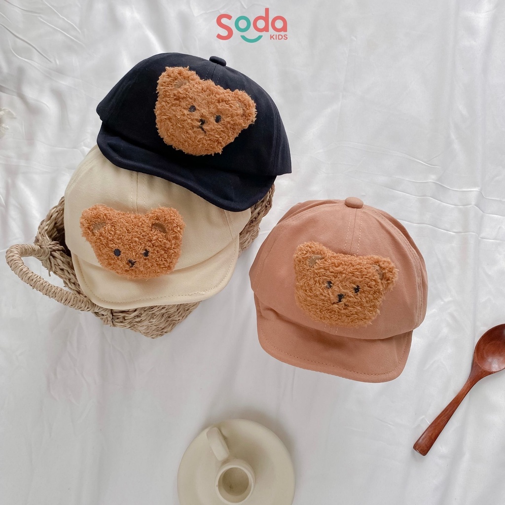 Mũ lưỡi mềm trơn đính gấu nâu dễ thương cho bé trai và bé gái 1-3y