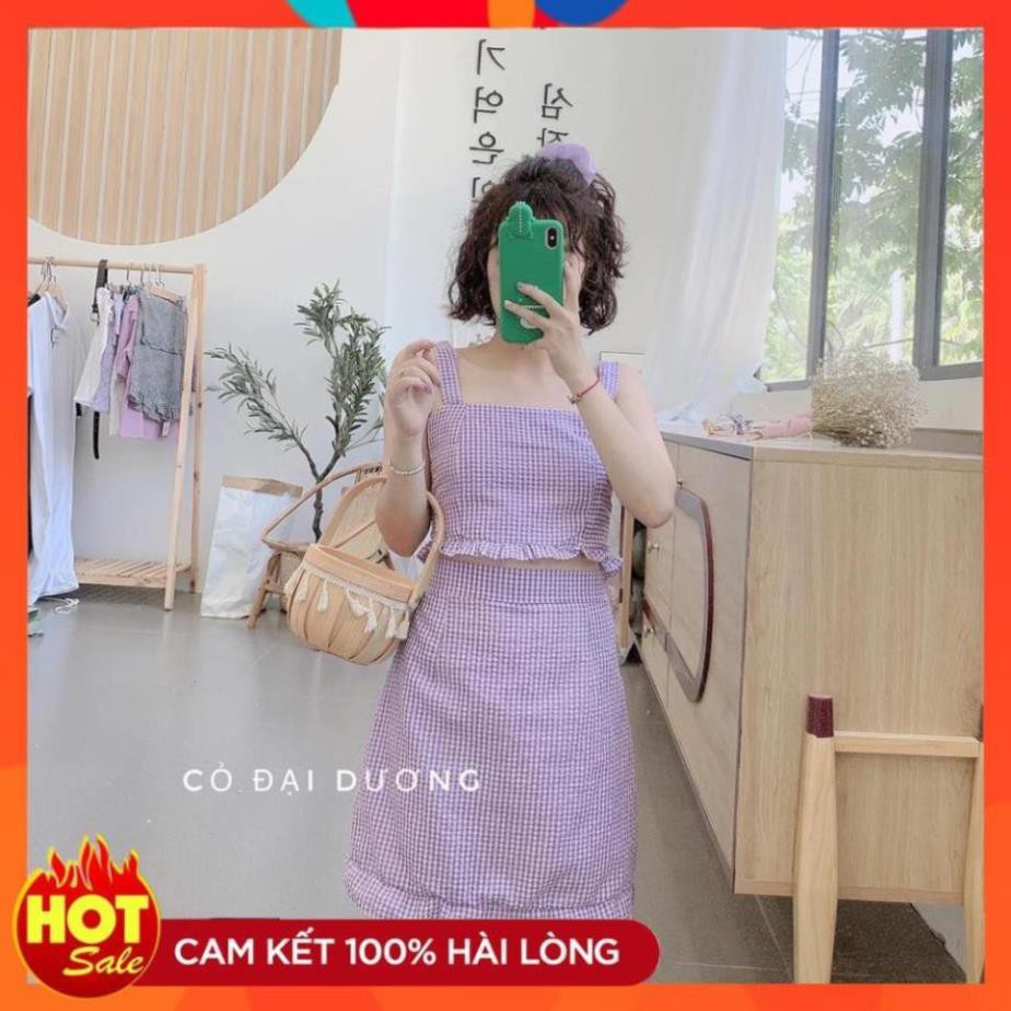 [FREE SHIP] Set Áo 2 Dây Croptop Lưng Chun Mix Chân Váy Kẻ Caro Đuôi Cá Viền Bèo