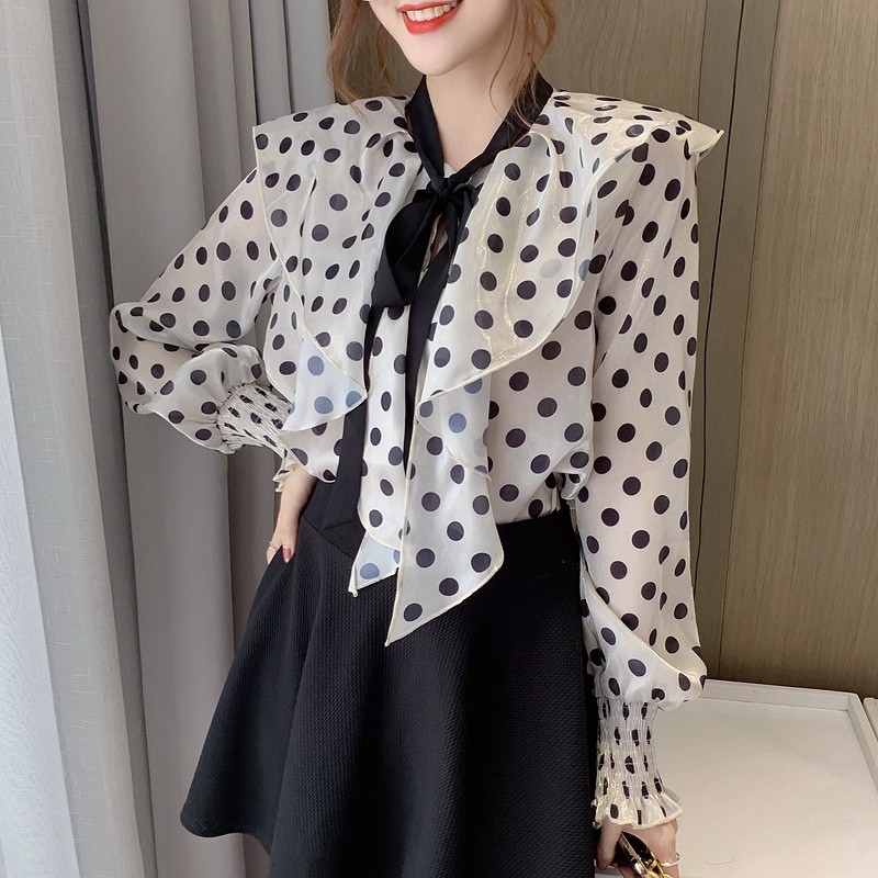 KOREAN STYLE Áo Sơ Mi Nữ Tay Dài Dáng Rộng Họa Tiết Chấm Bi Phong Cách Hàn Quốc