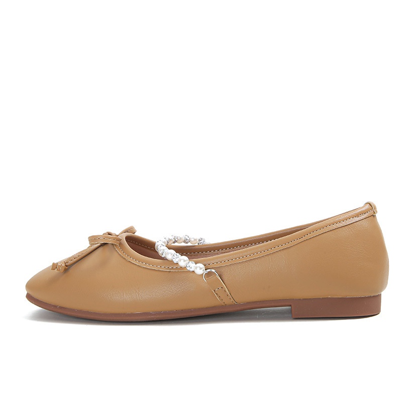 Giày Búp Bê Mũi Vuông Đính Ngọc Trai Phối Dây Xích Thắt Nơ Xinh Xắn