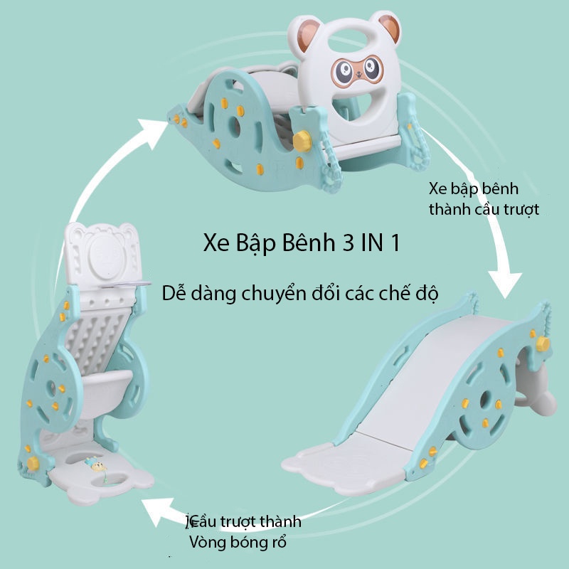 Xe Gấu Bập Bênh 3 IN 1, Xe Bập Bênh, Cầu Trượt, Cột Bóng Rổ. Đồ Chơi Thông Minh Cho Bé