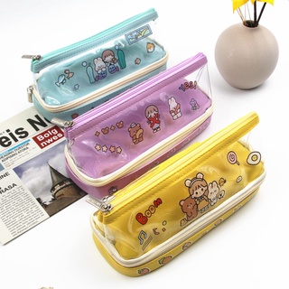 Hộp bút cô gái trong suốt 3 ngăn HB274 bóp viết cute dễ thương 2 khoá kéo