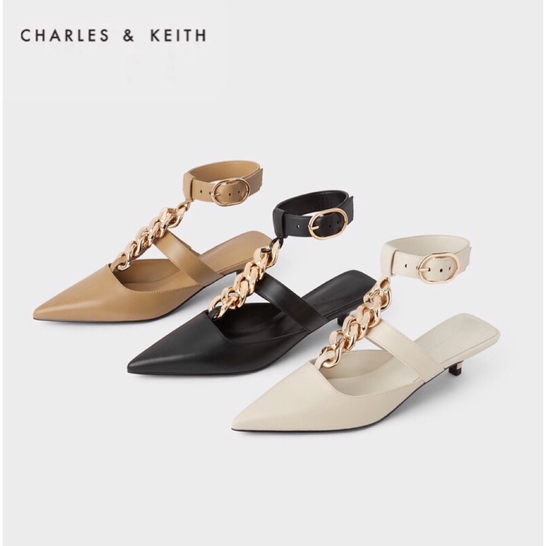 GIÀY CAO GÓT MŨI NHỌN CHARLES AND KEITH CHAIN LINK ANKLE STRAP MÀU ĐEN