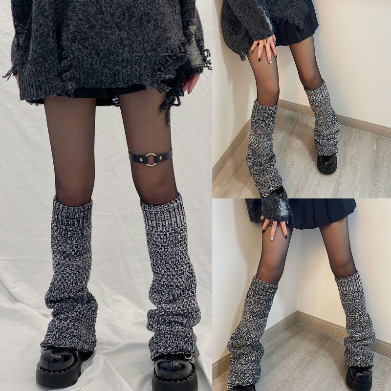 Youyo Vớ Ống Loe Dệt Kim Giữ Ấm Chân Màu Xám Đen Phong Cách Punk Gothic Harajuku Cổ Điển Cho Nữ