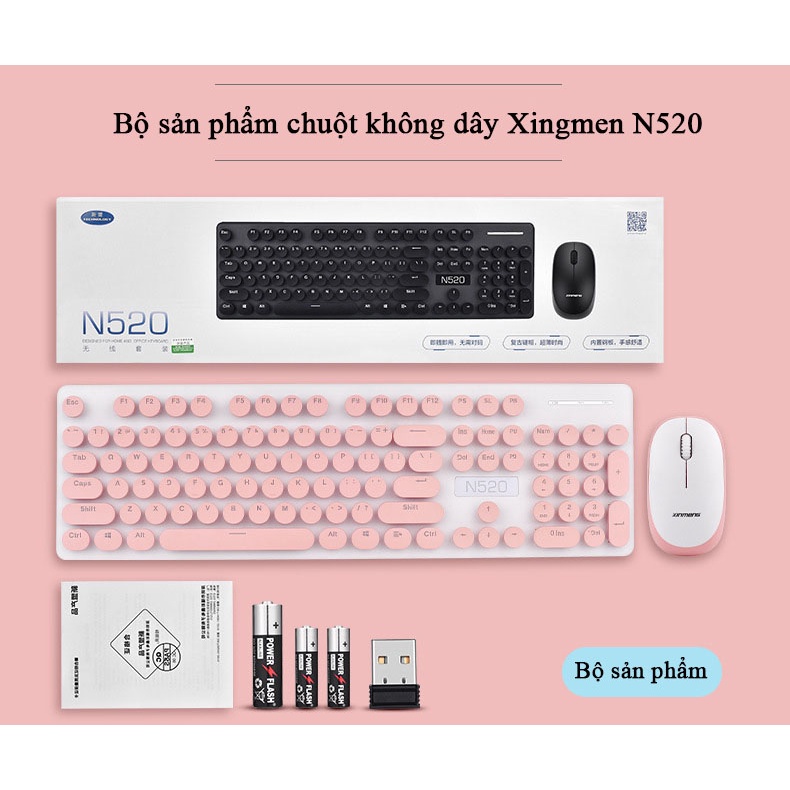 Bộ Bàn phím và chuột không dây Wireless Xingmen N520 thiết kế chống tia nước, siêu cute - Combo phím chuột không dây
