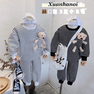 Set Bộ gấu kẻ ngang trắng đen túi gấu bông cho bé trai bé gái XHN417