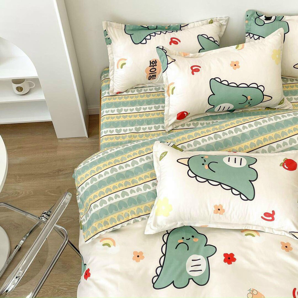 Bộ chăn ga gối Poly Cotton Khủng long cà chua siêu đáng yêu  - Miễn phí bo chun
