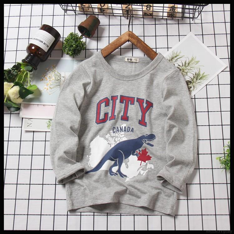 Áo thun tay dài cổ tròn in chữ và hình khủng long xinh xắn cho bé trai