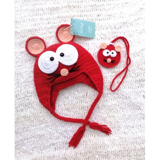 Nón chuột màu đỏ xinh kèm túi đựng tỏi hình Chuột con đồ len handmade cho bé