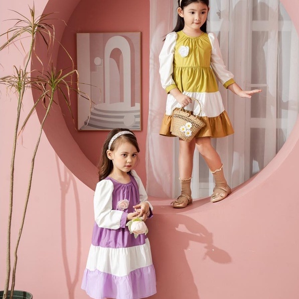 Váy xòe dài tay bé gái 137KIDS thiết kế cao cấp xếp tầng xinh xắn chất thô thấm hút mồ hôi