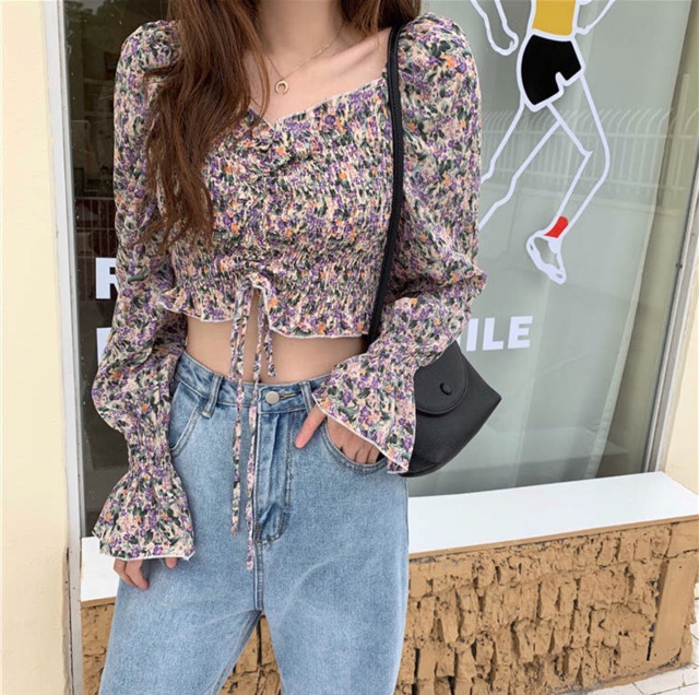 Áo Croptop Dài Tay Hoa Nhí Cổ Vuông Ulzzang Hàn Quốc Màu Tím/Trắng/Đen