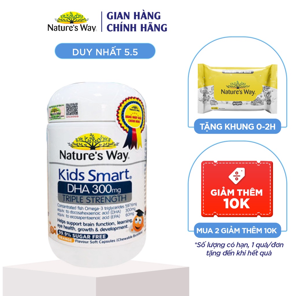 Viên Nhai Nature's Way Kids Smart DHA 300mg Triple Strength Tăng Cường Sự Phát Triển Của Trẻ 50 Viên - Date mới