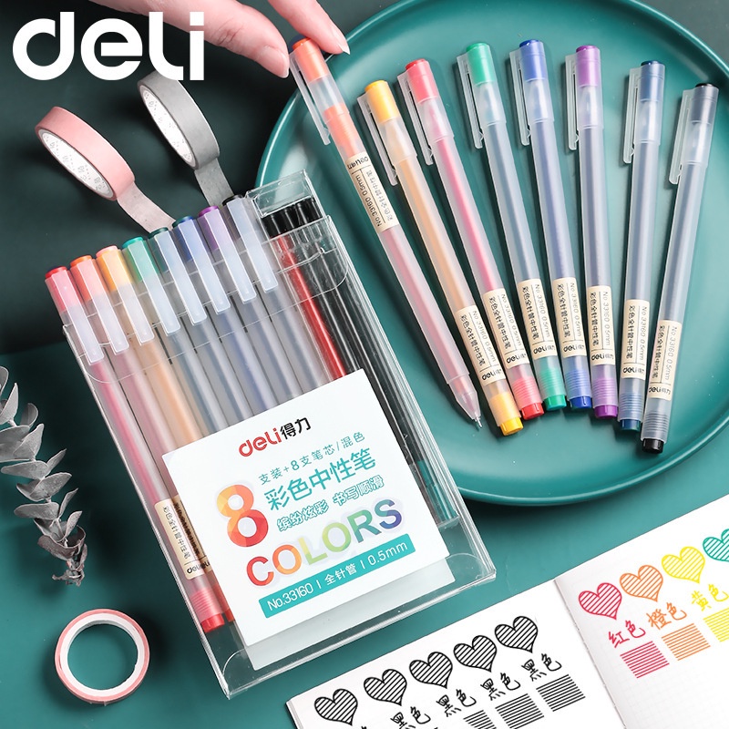 Hộp bút gel 8 màu Deli kèm 8 ống mực thay thế - 33160