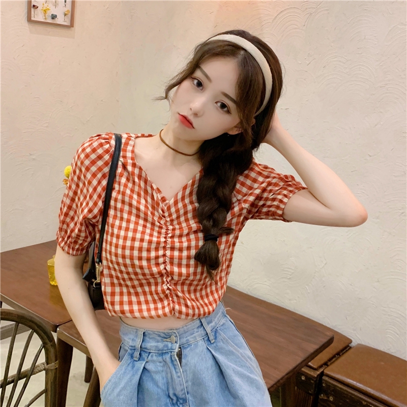 SUXI Áo Kiểu Tay Ngắn Hoạ Tiết Sọc Ca-Rô Cho Phái Nữ