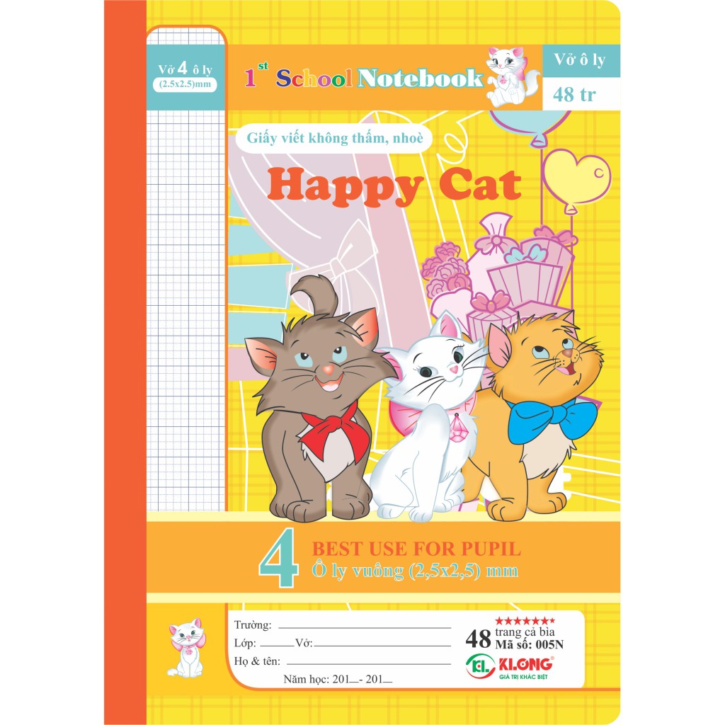 Vở 4 ô ly (2.5x2.5) 48tr 100/95 Happy Cat; MS: 005