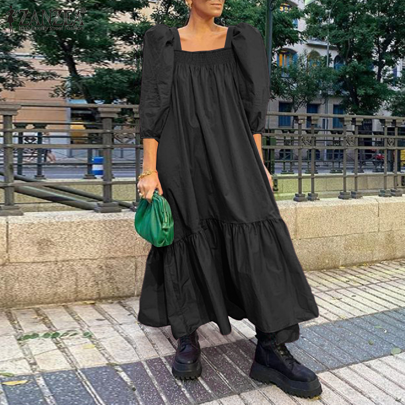 Váy Maxi ZANZEA Tay Phồng Cổ Vuông Kiểu Dáng Thời Trang Dành Cho Nữ
