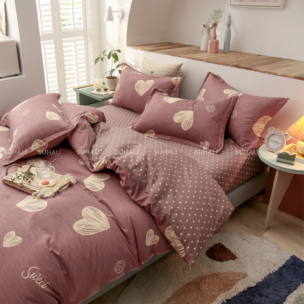 Bộ chăn ga giường cotton poly SUHALI tim hồng đất gồm vỏ chăn mền, drap nệm và 2 vỏ gối