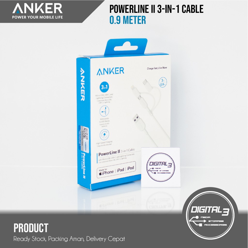 Dây Cáp Sạc Anker A8436 Powerline Ii 3 Trong 1 Cổng Micro-usb Và Type C Cho Iphone Samsung