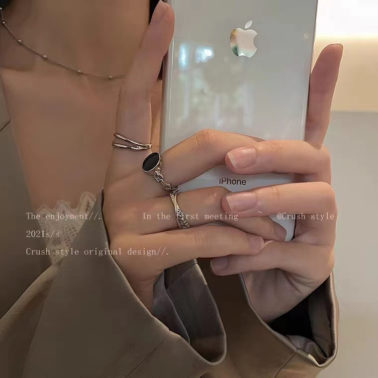 iF YOU Set 3 Nhẫn Bạc Phong Cách Hàn Quốc Màu Đen Cho Nữ