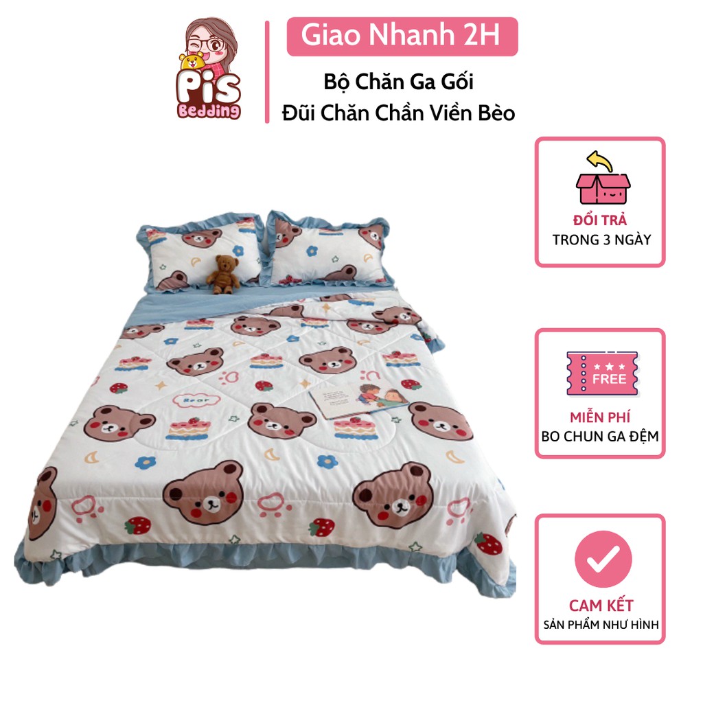 Bộ Chăn Ga Gối Đũi Chăn Chần Viền Bèo Gấu Bear Nâu