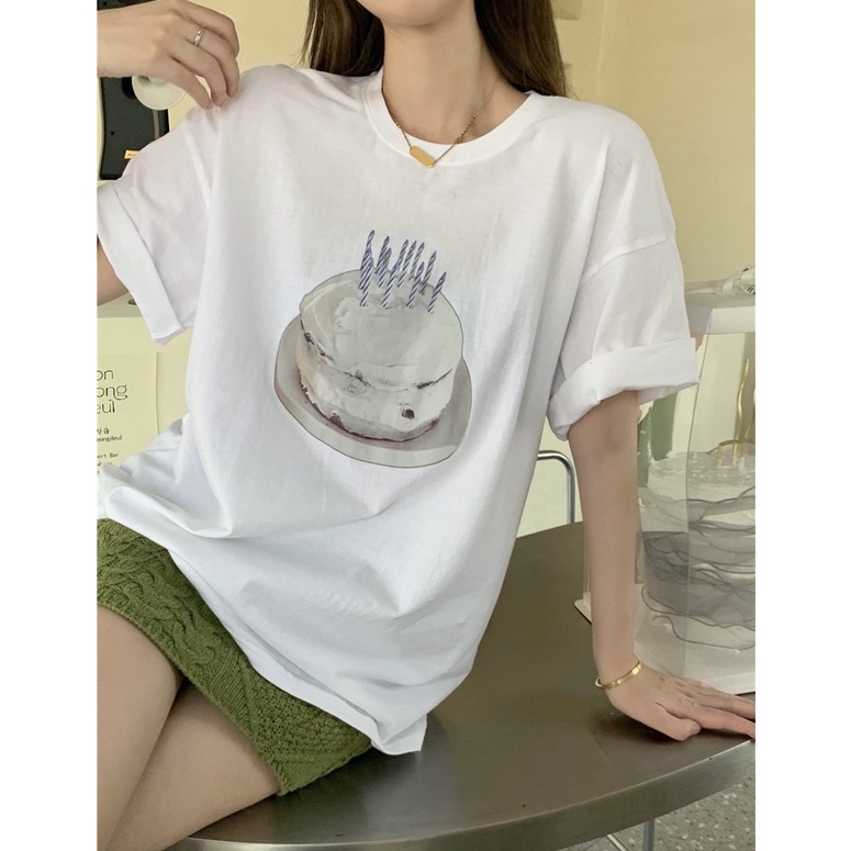 Áo Thun Cộc Tay In Hình Bánh Kem Cổ Điển Mùa Hè 53840