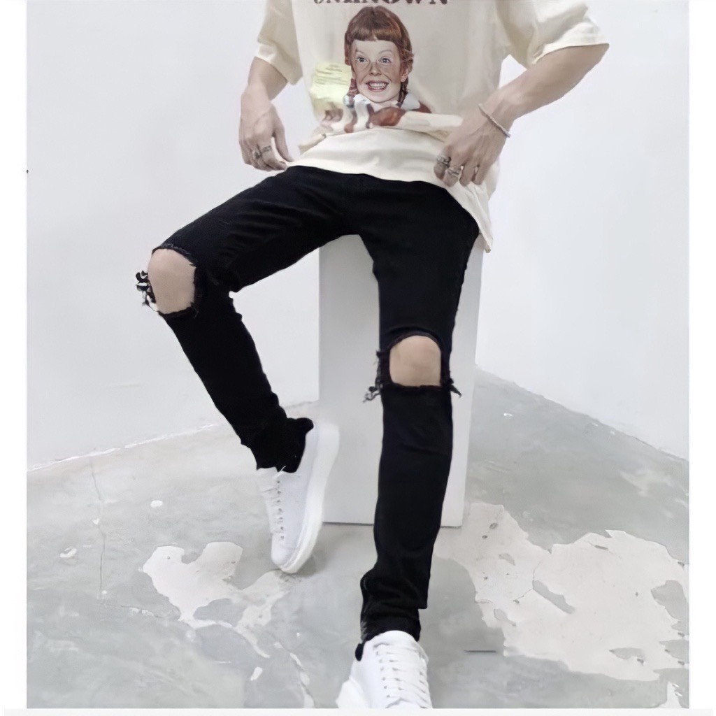 Quần jean nam đen Gấu 194 rách rộng vải jeans bò cotton duck cao cấp mềm mịn, co dãn - form slim fit [có Bigsize] - 02
