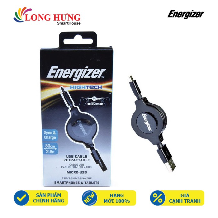 Cáp rút Micro USB Energizer 80cm C31UBRETEBK4 - Hàng chính hãng