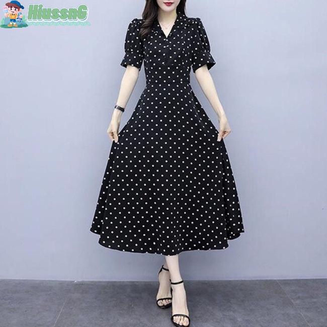Đầm Tay Loe Dài Cổ Chữ V Họa Tiết Chấm Bi Thời Trang Cho Nữ