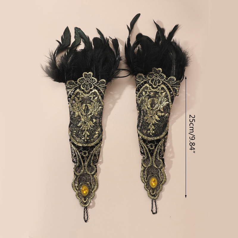 Găng Tay Ren Thêu Lông Vũ Phong Cách Gothic Có Thể Điều Chỉnh Kích Cỡ