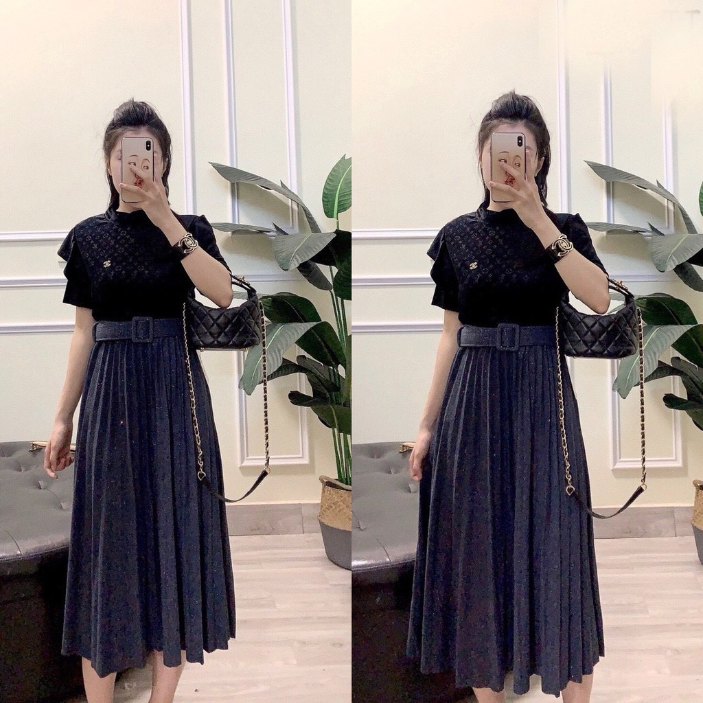 Chân váy xếp ly dài  - Chất dạ nhũ