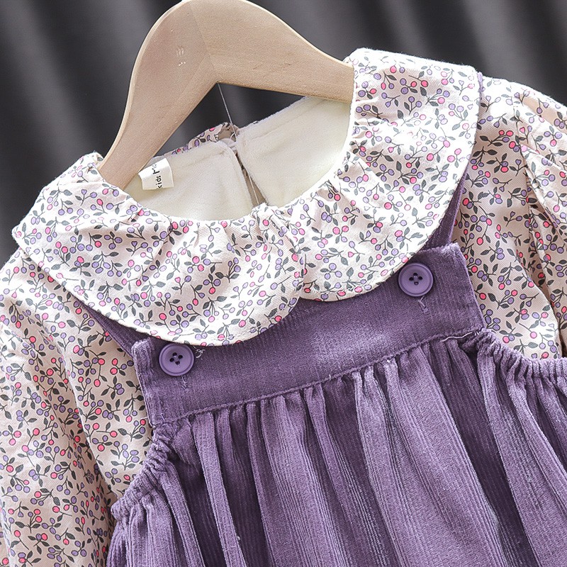 Bộ đầm hai dây phối áo sơ mi vải nhung hoa đáng yêu dành cho bé gái 1-4 tuổi