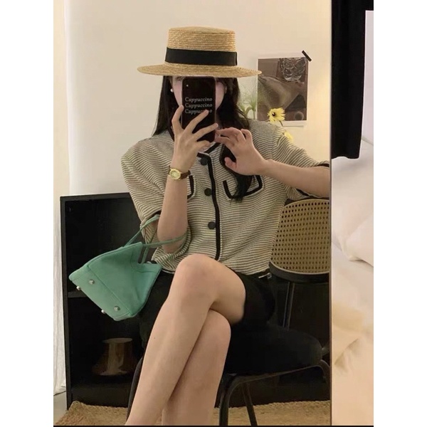 Áo dạ tweed ngắn tay viền đen basic