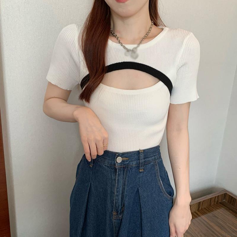 Áo dệt kim cổ tròn tay ngắn form ôm thời trang mùa hè trẻ trung cho nữ