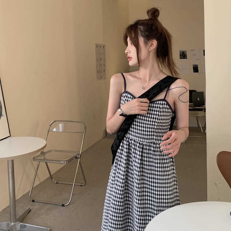 Đầm Lửng Hai Dây Họa Tiết Caro Phong Cách Hàn Quốc Thanh Lịch Dành Cho Nữ