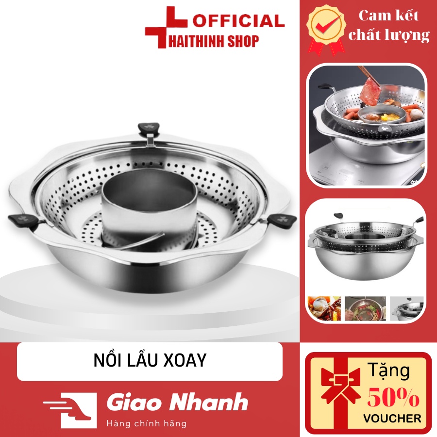 Nồi lẩu xoay 2 tầng Inox 304 tiện dụng chống cháy khét, Nồi lẩu đa năng dùng cho bếp từ và bếp gas