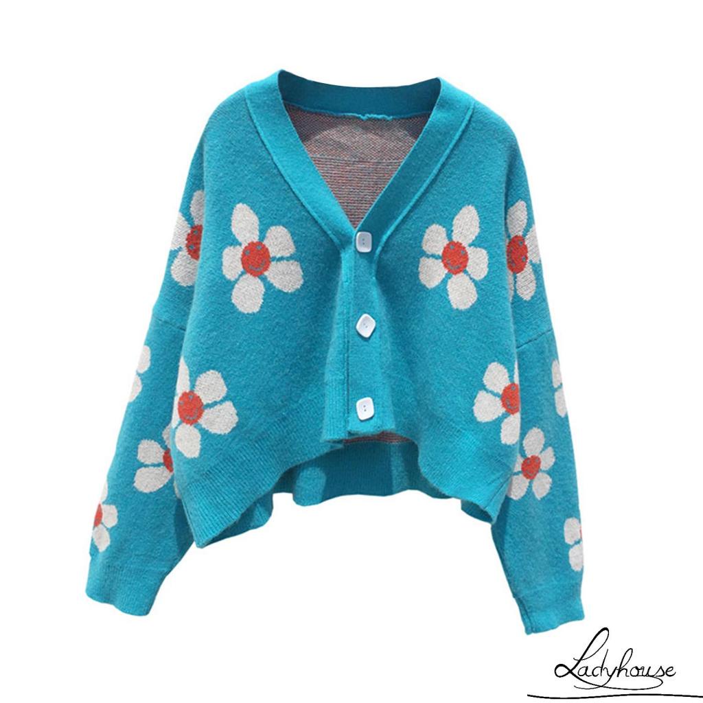 Áo khoác cardigan dệt kim tay dài cổ chữ V dáng rộng in họa tiết hoa phối nút cho nữ