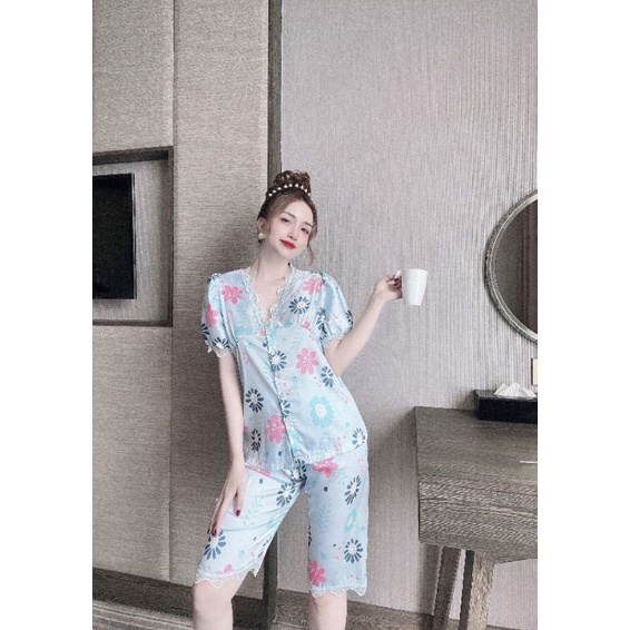 Bộ lụa viền ren lửng hoạ tiết siêu xinh