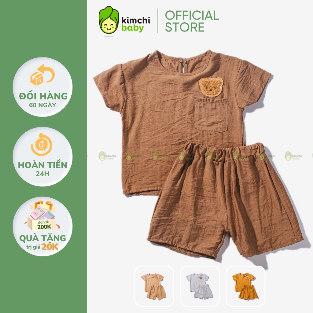 Bộ Thô Đũi Bé Trai, Bé Gái Túi Ngực Thêu Gấu Kute, Đồ Bộ Cho Bé Mặc Đi Chơi, Đi Học CK37