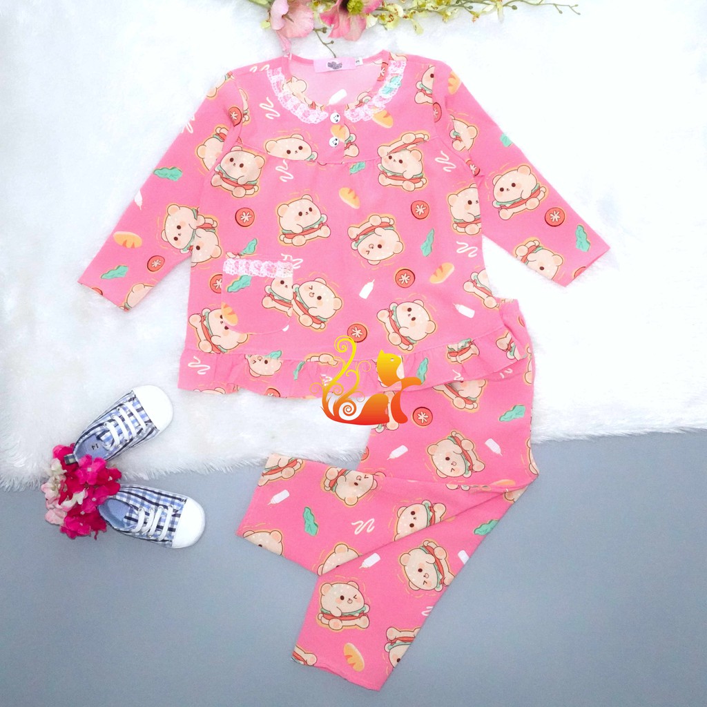 Đồ Bộ Pijama Satin Lụa Hàn "Gấu Ham Bơ Gơ" Cổ Ren Quần Dài Cho Bé - Từ 12kg - 42kg.