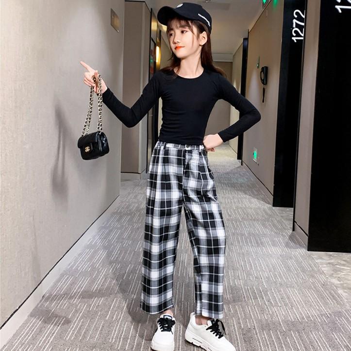 Set áo tay dài dáng ôm kèm quần dài họa tiết caro phong cách cho bé gái